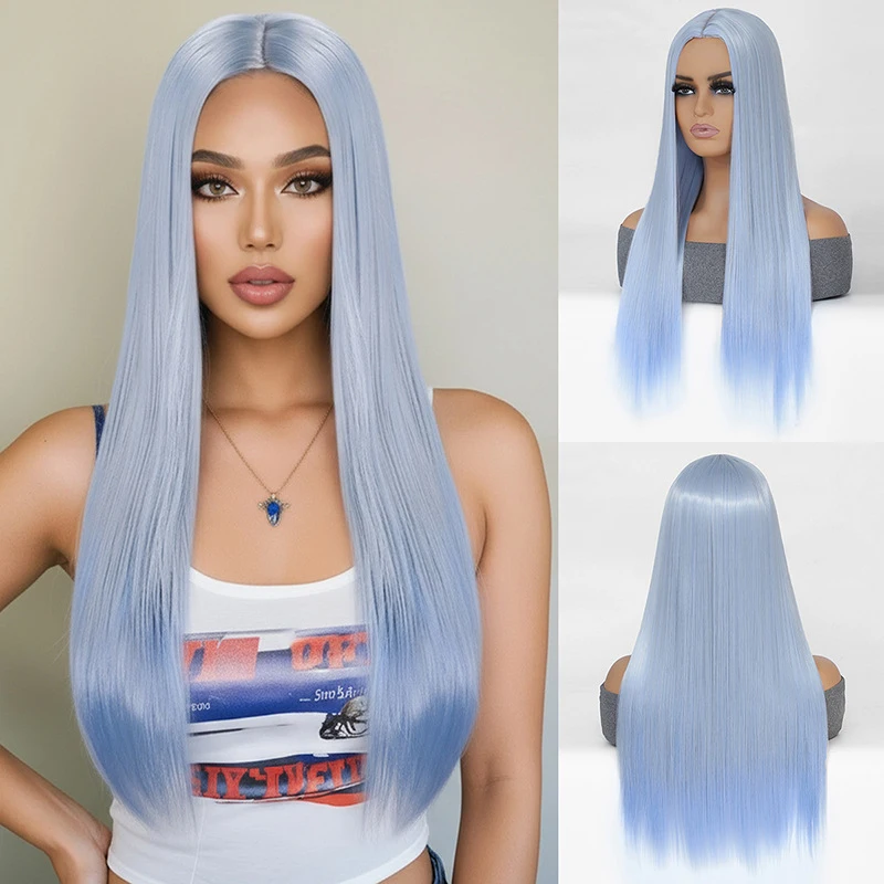 

European and American style women's wig, middle parting, no bangs, light blue long straight hair, synthetic high-temperature fib