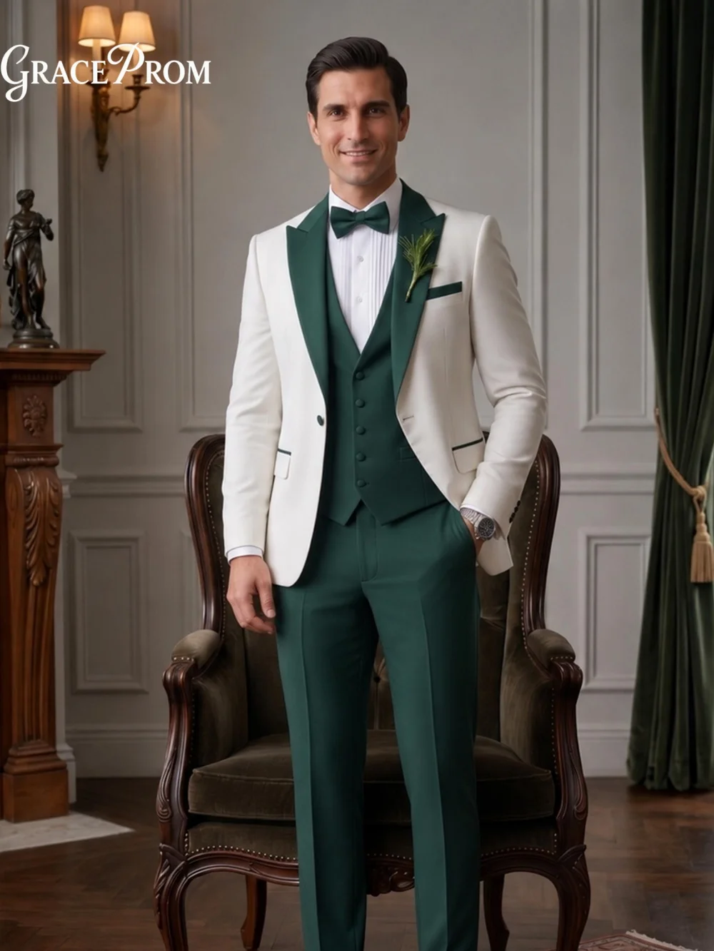 Elegant White Dark Green Contrast Lapel Men Tuxedo Suit 3PCS 2027 Stylish Slim Fit Wedding Groom Blazer Vest Pants Formal Outfit