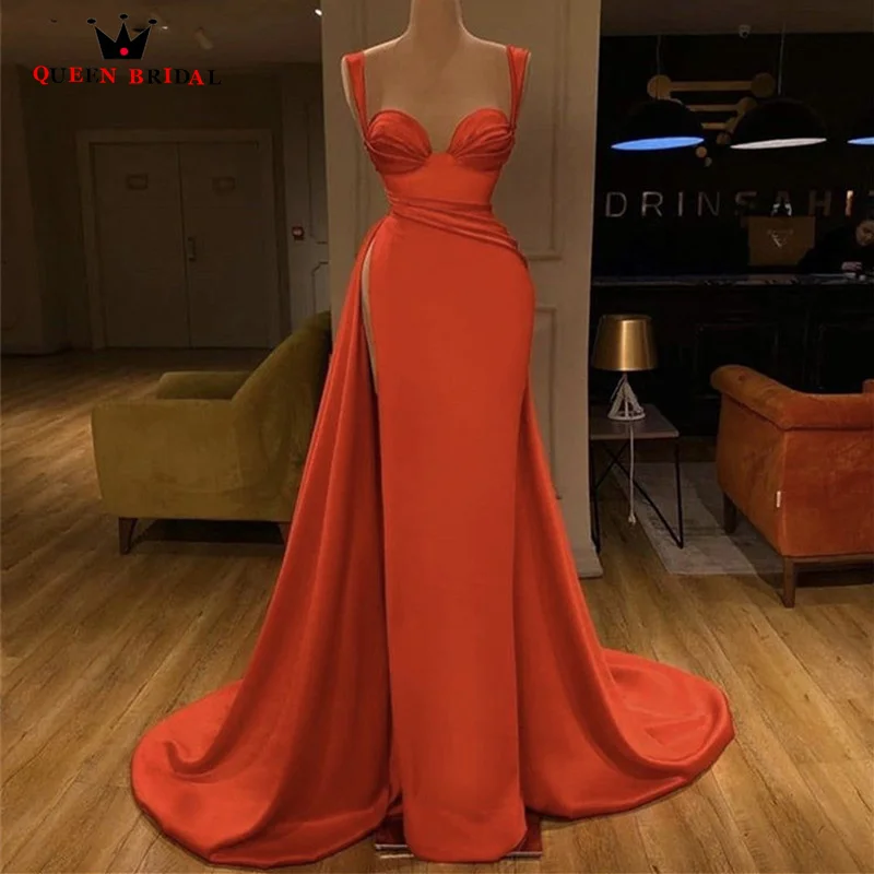 

Orange Silk Satin Mermaid Prom Dresses Modern Sweetheart Sleeveless Floor Length Side Slit Evening Dresses robes de soirée LP02