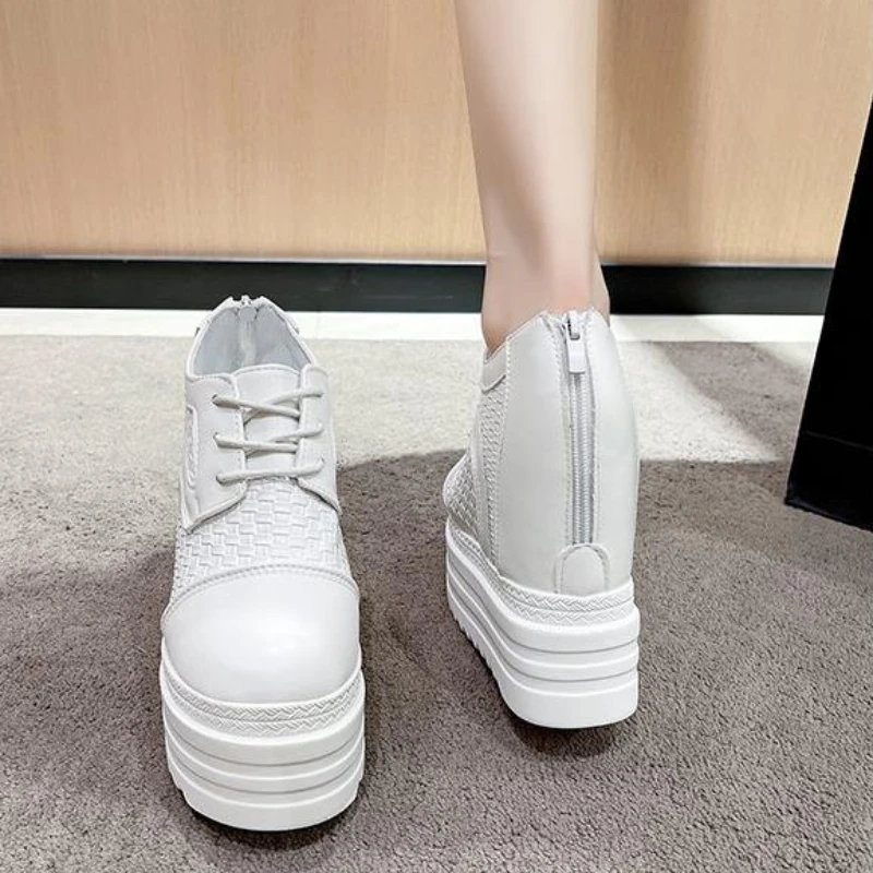 12CM White Trendy Shoes Women High Top Sneakers Women Platform Ankle Boots Basket Femme Chaussures Femmes Height Increase Shoes