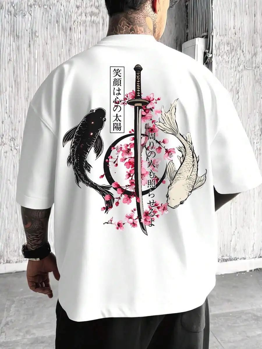 Men's Japanese Style T-Shirt, Yin Yang Koi Fish Samurai Sword Graphic Print, Round Neck Casual Summer Short Sleeve Tee