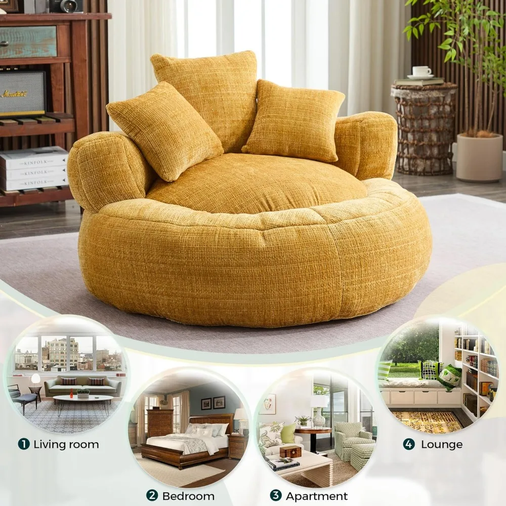 Bean Bag Chairs for Adults, Round Sofa Chair with Foam Filled and Pillow, Beanbag Soft Chenille Lazy Sofa Chair for Living Room