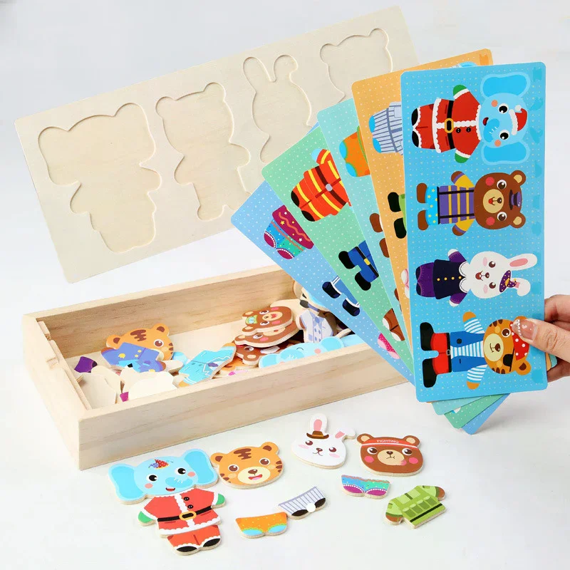 Puzzles habillés en bois, jouets Montessori, ours Animal, changement de vêtements, boîte de Puzzle, jeux assortis, ensemble de voyage pour enfants