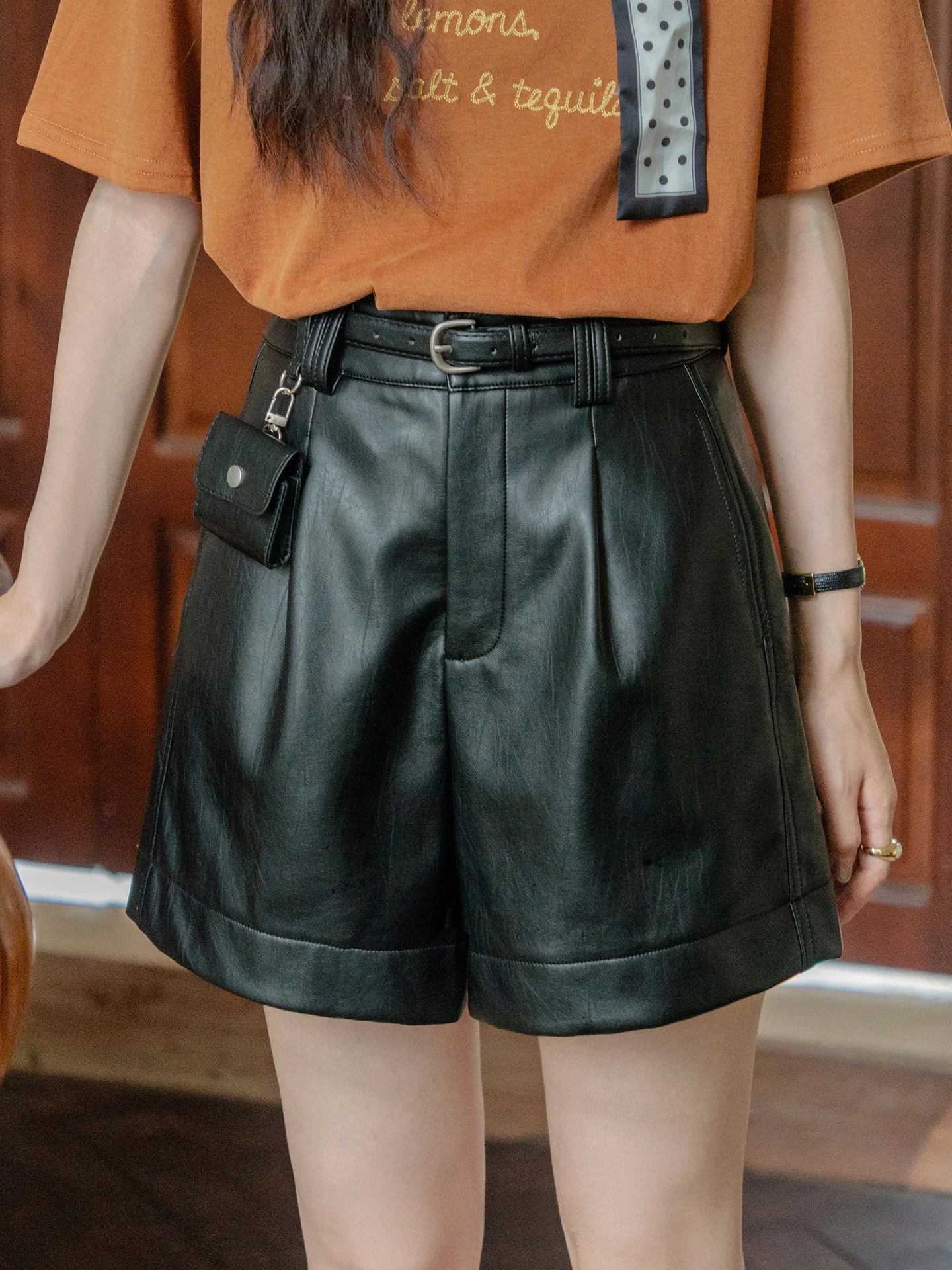 

High Waist A-Line ort Pants Women's Bla Leather Pants Summer Autumn 2025 New Casual Outerwear Small Size French Sle Pur...