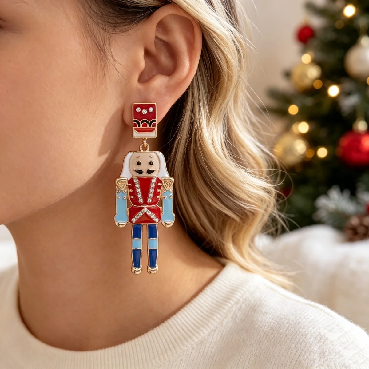 Weihnachtliche Strass-Ohrringe mit rotem und blauem Emaille-Nussknacker für Damen, niedliche, bunte, gestreifte, soldatenförmige Ohrringe, Schmuck. – Detail 8
