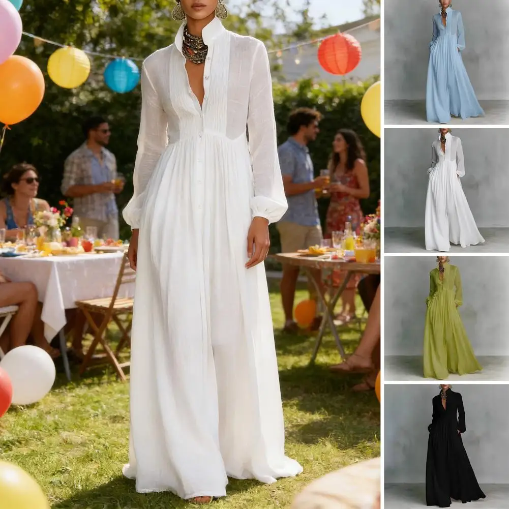 Französisches Elegantes Hochgeschnittenes Swing-Maxikleid für Damen, Frühling Einfarbig mit Taschen, Plissiertes Maxikleid, Herbst Langarm-Knopfkleid für Abendveranstaltungen