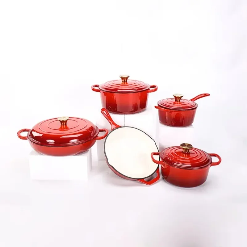 Customized Interior Enameled Cast Iron Pot Set  9-piece Cookware Dutch Oven   Kitchenware Gift Sets