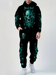 Halloween Men's 2Pcs Outfits 3D Skull Print Hooded Sweatshirt & Sweatpants Set For Fall/winter Men's Clothing Plus Size Suits