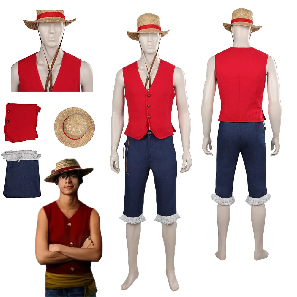 

TV Piece Luffy Cosplay Costume Men Male Role Play Vest Pants Straw Hat Set Fancy Outfits Halloween Carnival Disguise Suit