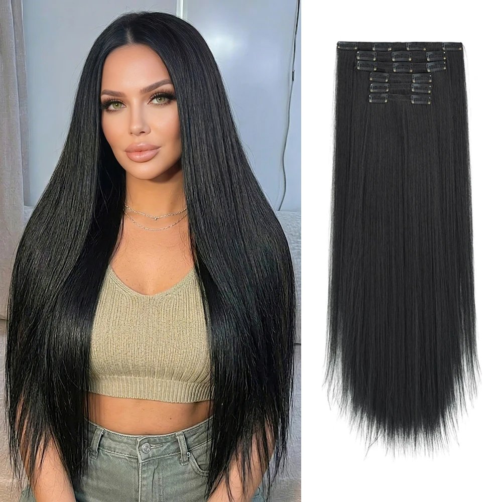 

24 Inch Long Straight Clip in Hair Extensions Synthetic 6Pcs/Set Natural Fake Hairpieces for Women Heat Resistant Hair