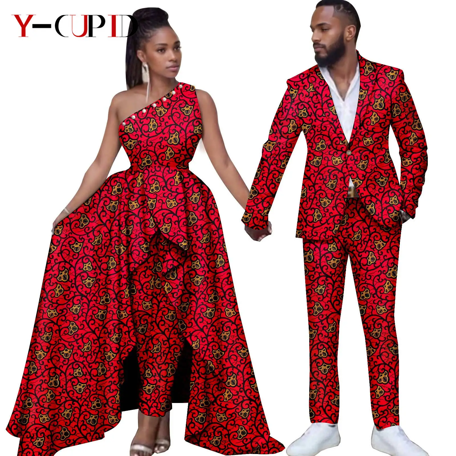 African Print Long Top Dresses and Pant for Women Matching Couple Outfits Dashiki Men Formal Outfits Jacket and Pant Sets 24C044