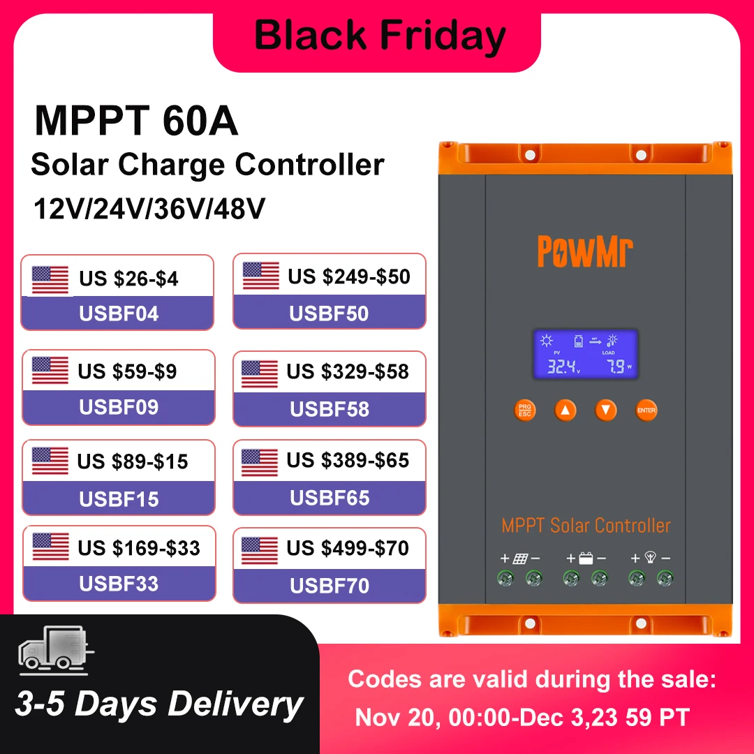 

Контроллер заряда солнечных батарей PowMr, 60 А, 12/24 в/36/48 в, с ЖК-дисплеем