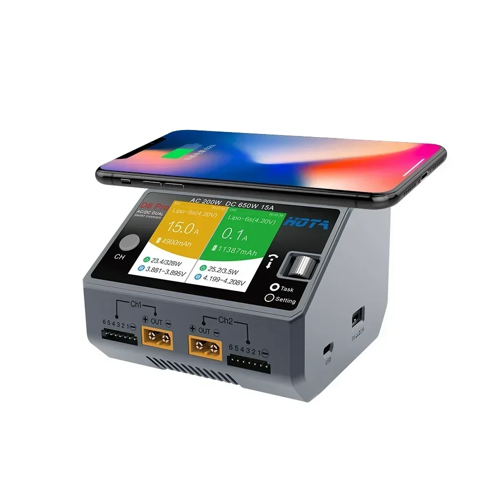 HOTA D6 Pro Dual Channel Smart Charger AC 200W DC 650W (2x325W) 15A with Wireless Charging for 1-6S LiPo LiHV NiMH NiCd Battery