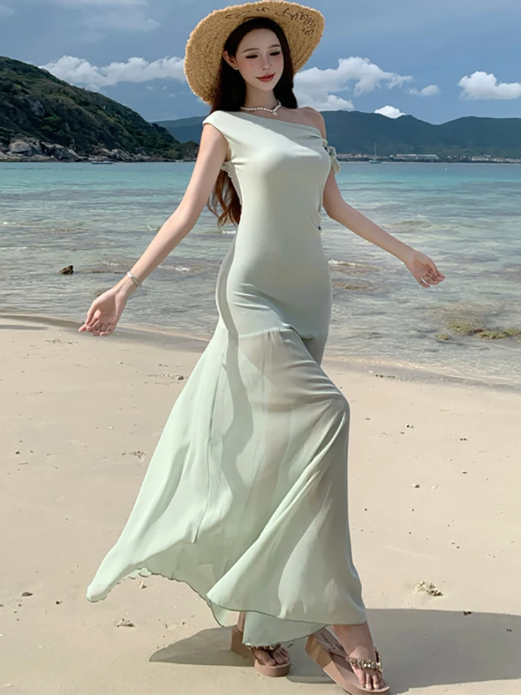 Zomer Solid Mesh Chic Diagonale Kraag Sexy Lange Jurk Vrouwen Elegante Bodycon Sheer Jurk 2025, Koreaanse Luxe Festival Feestjurk