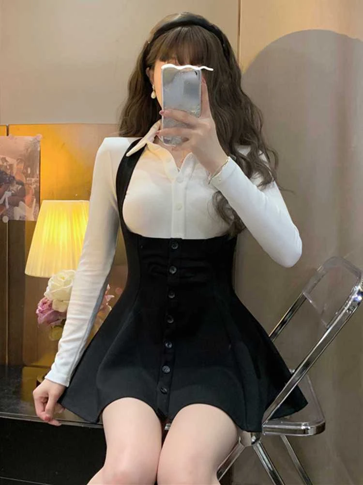 2023 Winter Preppy Style Sweet Suit Woman White Long Sleeve Blouse High Waist Slim Mini Dress Party Y2k Fashion Dress Korean