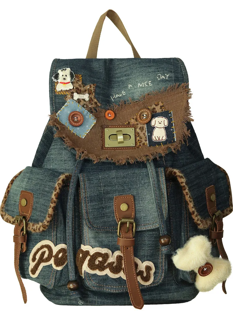 Original Design Denim Sexy Leopard Print Backpack With Large Capacity For Commuting, Simple And Versatile Student Backpack Trend