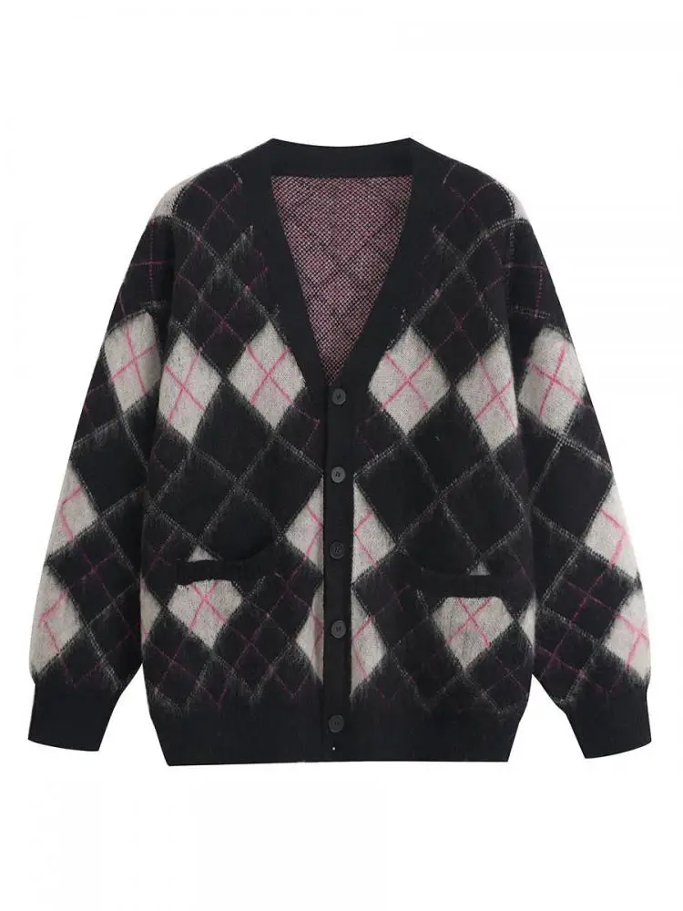 Tawaaiw American Retro V-neck Plaid Cardigan Women Long Sleeve Autumn Winter Single Breasted Knitted Sweater Female Cardigans