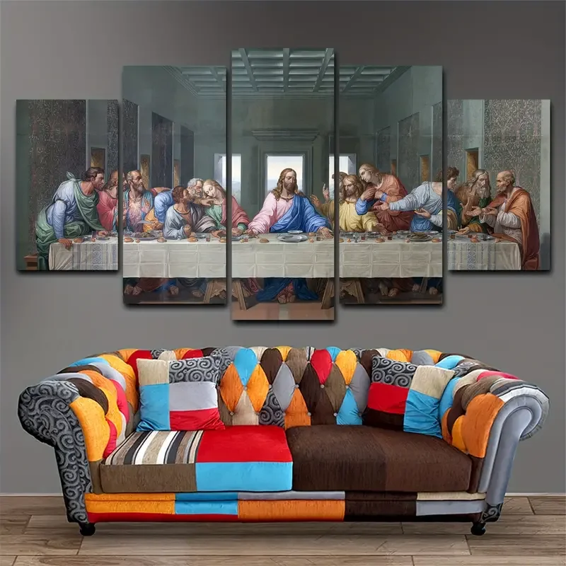 5pcs Print Oil Paintings, The Last Supper, Leonardo Da Vinci, Christian Wall Pictures, For Living Room/ Kitchen/ Room Decor