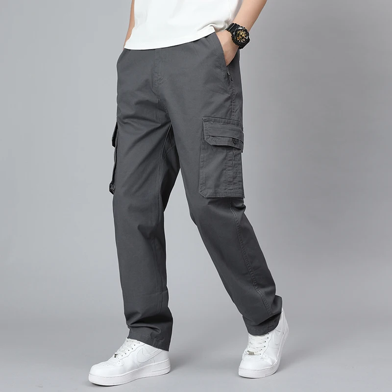 

Men's Solid Color Zipper Pockets Button Elastic and High Waisted Casual Clothing England Style Straight Cargo Trousers Pants