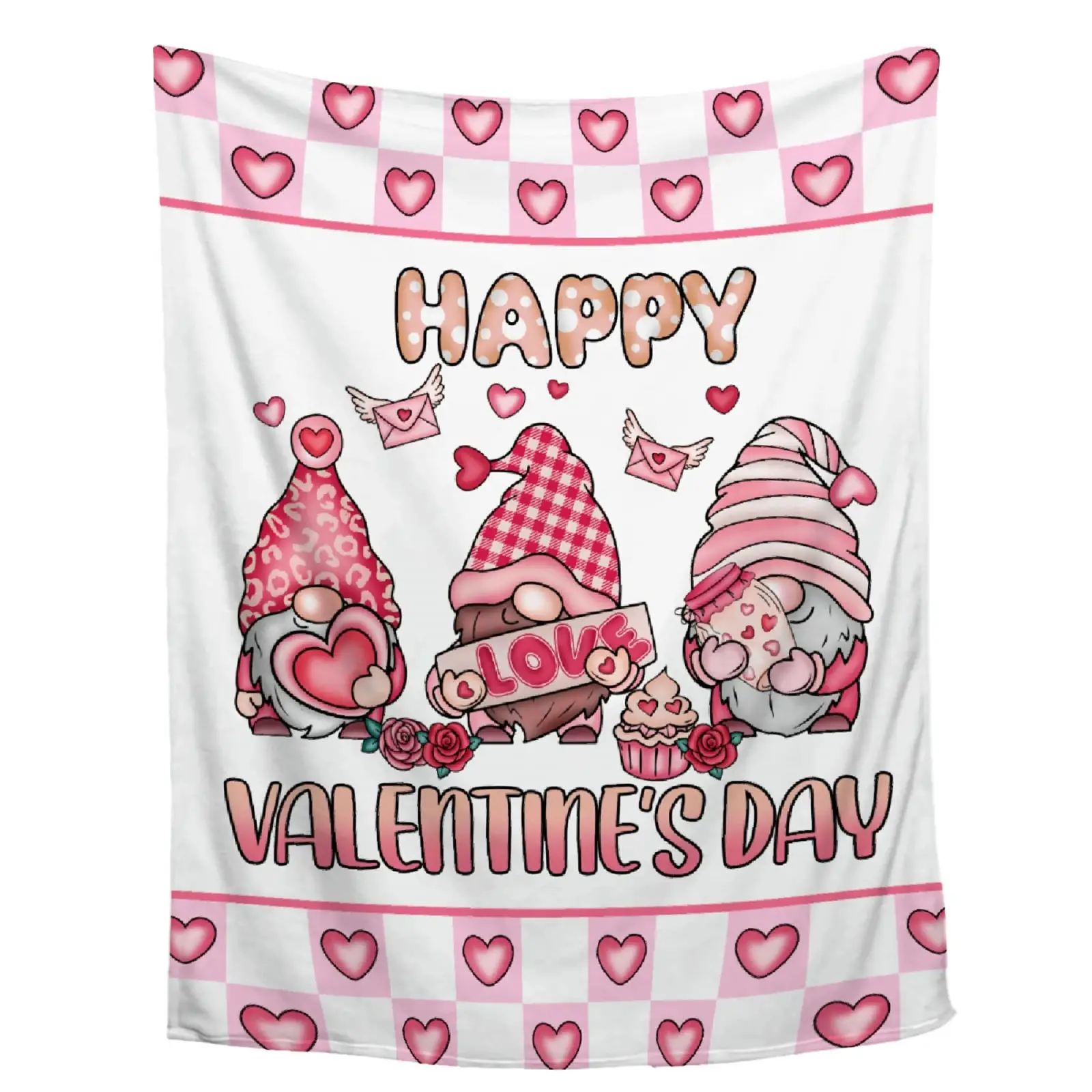 HX Valentine's Day Gnome Blanket Cute Gnomes Letter Printed Flannel Throw Blankets Soft Fluffy Bed Quilts for Home Decor