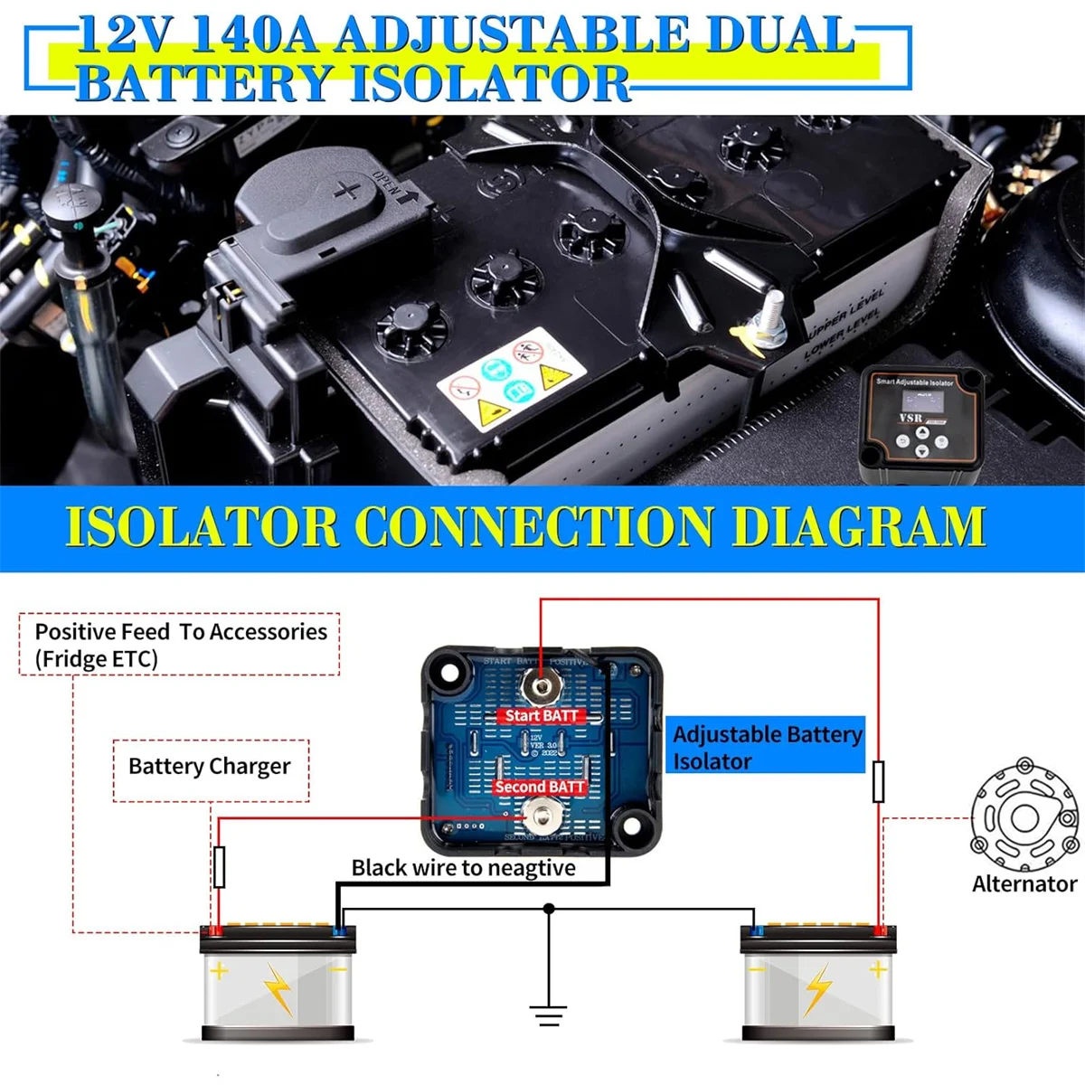 Adjustable dual-frequency isolator with voltage display 12v 140amp voltage sensing relay VSR Smart Battery isolator Voltage Sett