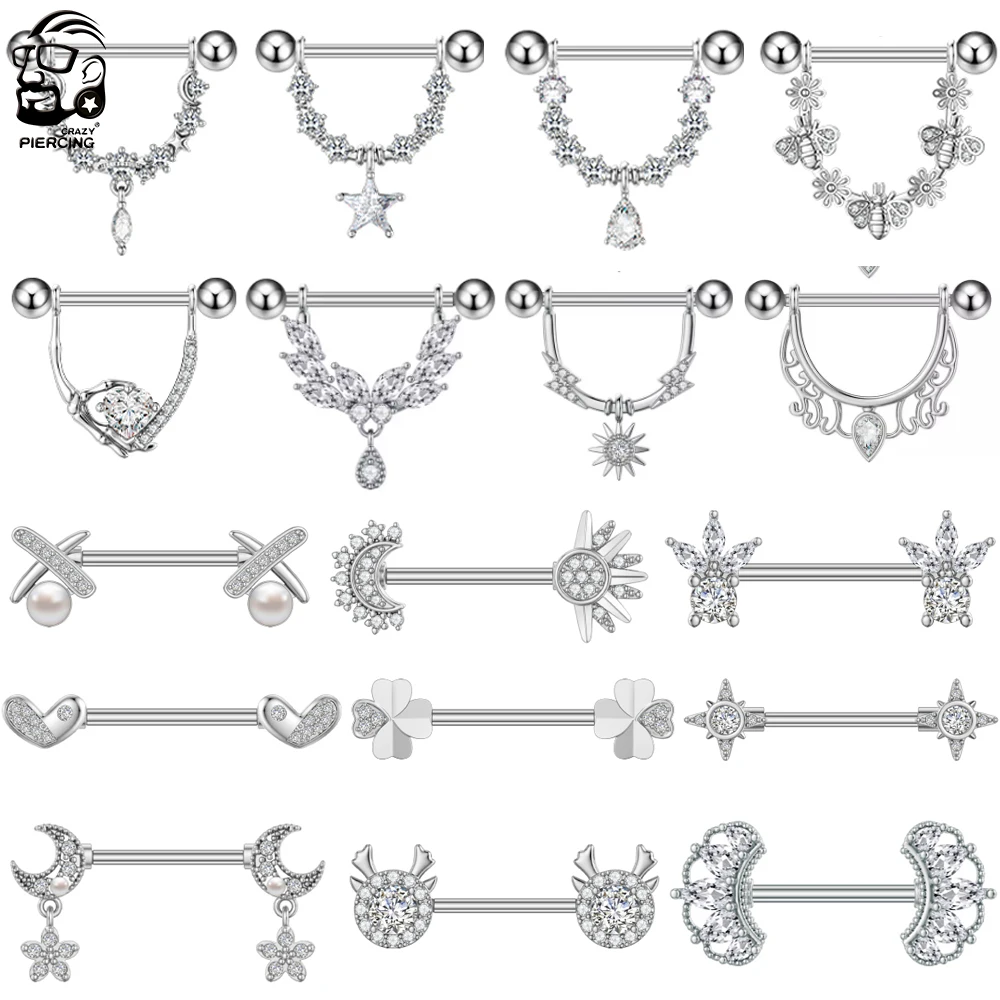 2pcs Both Sides Screwed Nipple Ring Stainless Steel Heart Flower U-Shaped Shield Barbell Nipple Piercing Jewelry for Women Girls