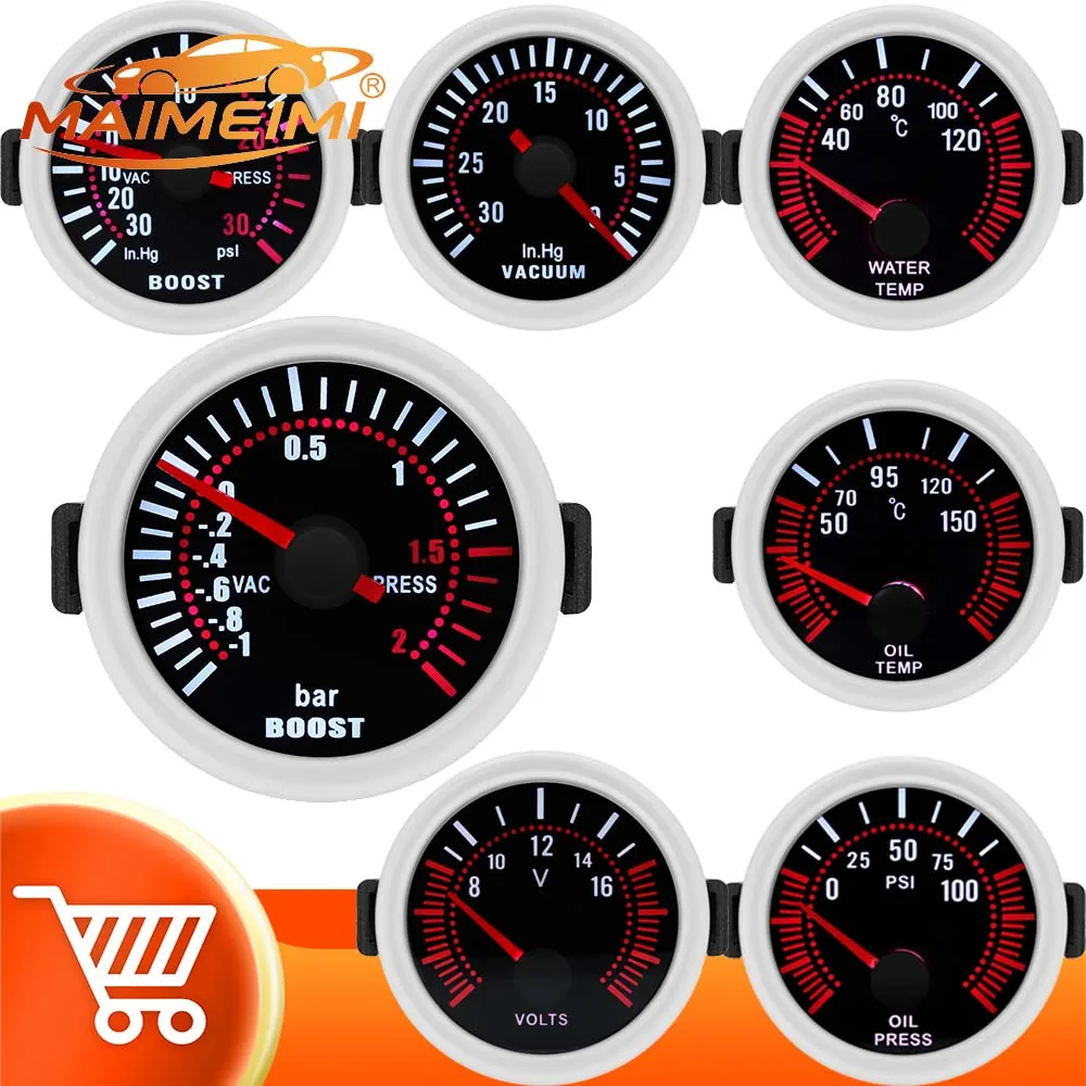 Universal 12V Auto Car 52mm Smoke Len Pointer Boost Gauge -1~0~2 BAR Turbo Boost Meter White LED PSI Turbo Pressure Gauge