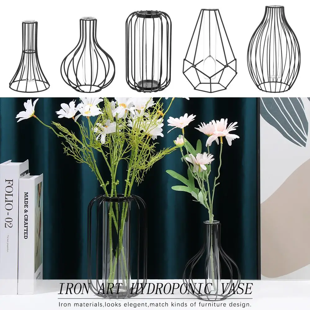 Nordic Styles Iron Art Vase Hydroponic Flower Vase Geometric Line Frame Metal Holder Home Desktop Ornament