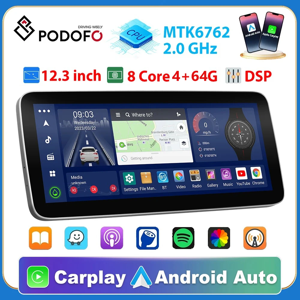 Podofo 8 Core Car Radio GPS Android 12 Stereo Carplay auto Car Multimedia Player DSP BT FM Navigation 2 din