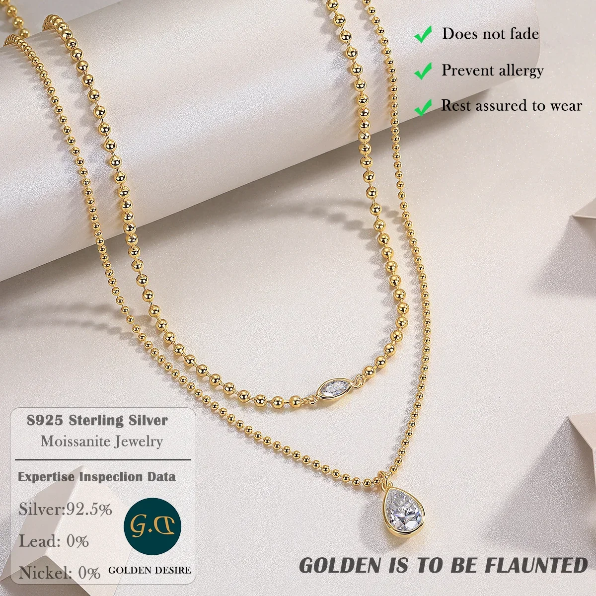 3.5ctw Double Layer  Necklace with Moissanite Teardrop and Marquise Cut Pendants – 18K Gold Plated S925 Silver Jewelry for Women