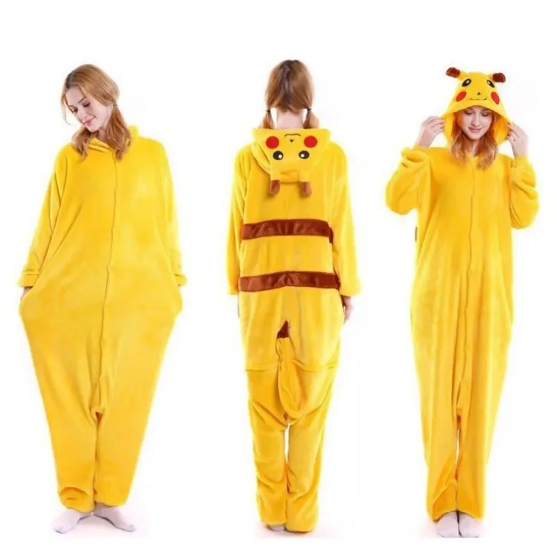 Pokemon Anime Pikachu Plush Flannel Pajamas Women One-piece Suit Long-sleeved Winter Soft Warm Men Home Clothes Casual Kawai