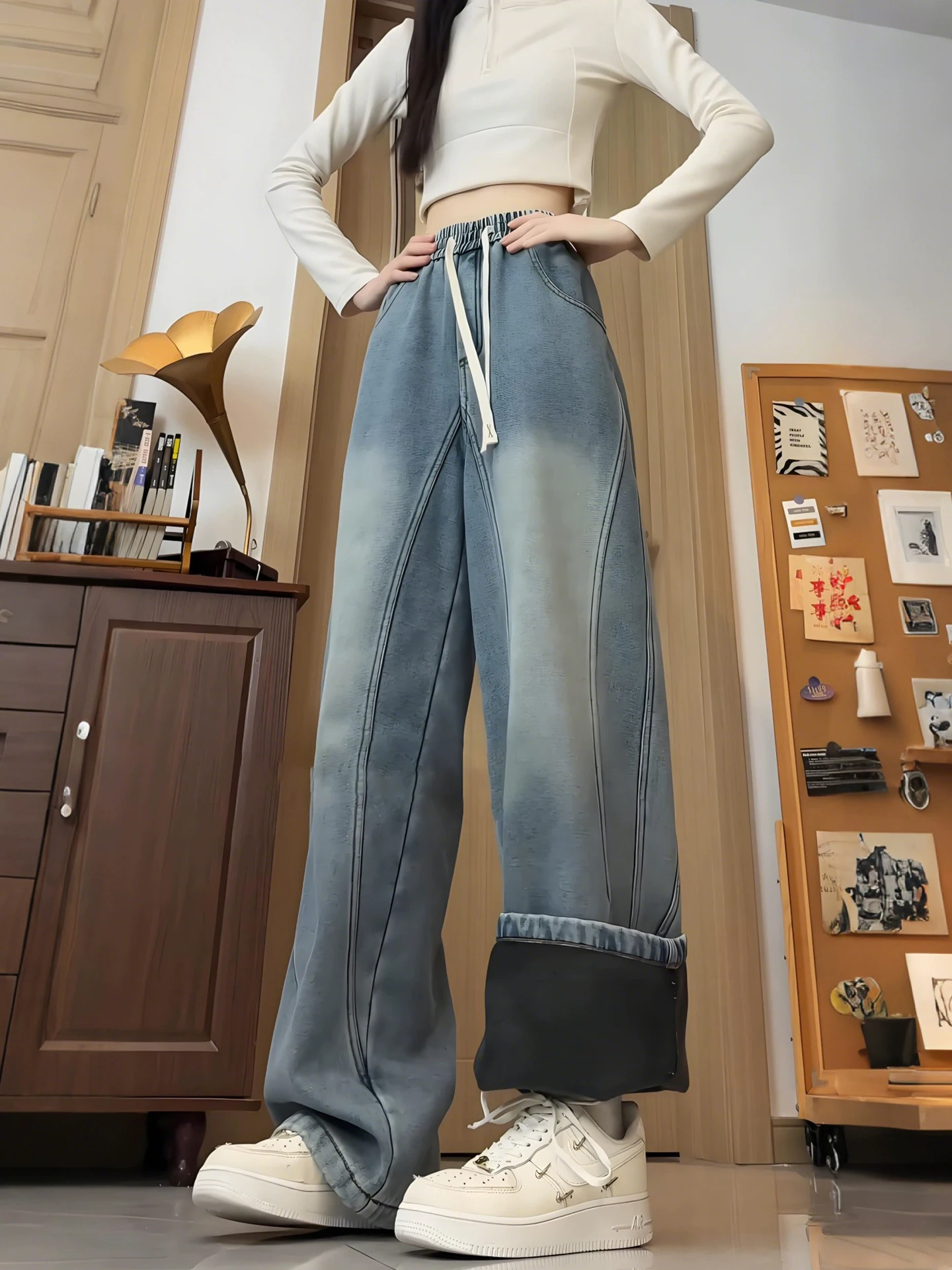 

Мужские широкие джинсы с синей подкладкой, свободного кроя, прямого кроя, в американском стиле, с эластичным поясом, осень-зима