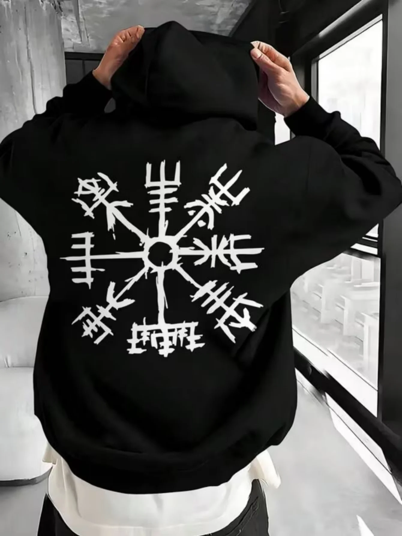Hand-drawn Sketch of A Viking Compass Printed Premium Hoodies Men's Spring Autumn Winter Long Sleeve Casual Hoodies