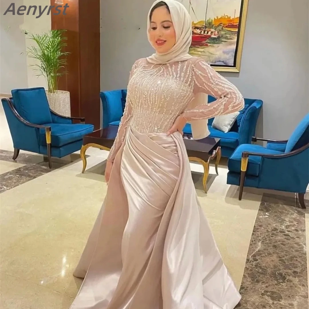 

Aenyrst Elegant Mermaid Muslim Long Sleeves Prom Dresses Satin Beads For Wedding Party Dinner Gowns Dubai Custom Made 2025 New