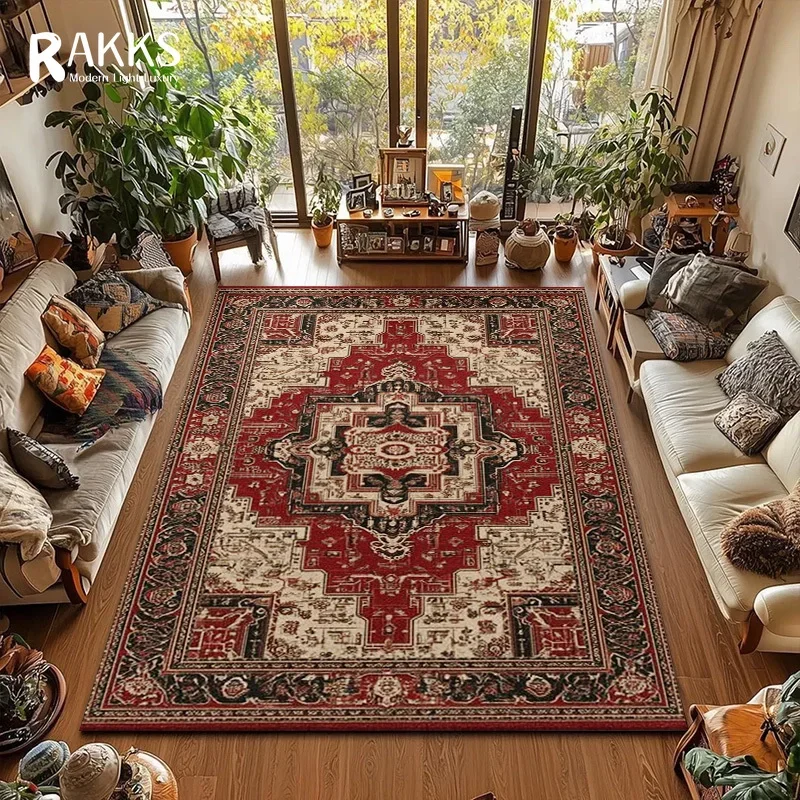 سجادة منطقة مخملية حمراء من RAKKS Boho، سجاد منخفض الكومة غير قابل للانزلاق بنمط طباعة الميدالية الفارسية بنمط متعدد