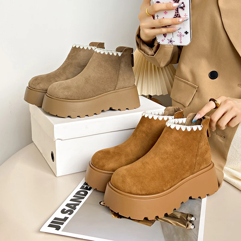 

Новинка осени 2025 года, облегающие однотонные ботильоны, элегантные ретро-сапоги на платформе с коротким каблуком для миниатюрных женщин
