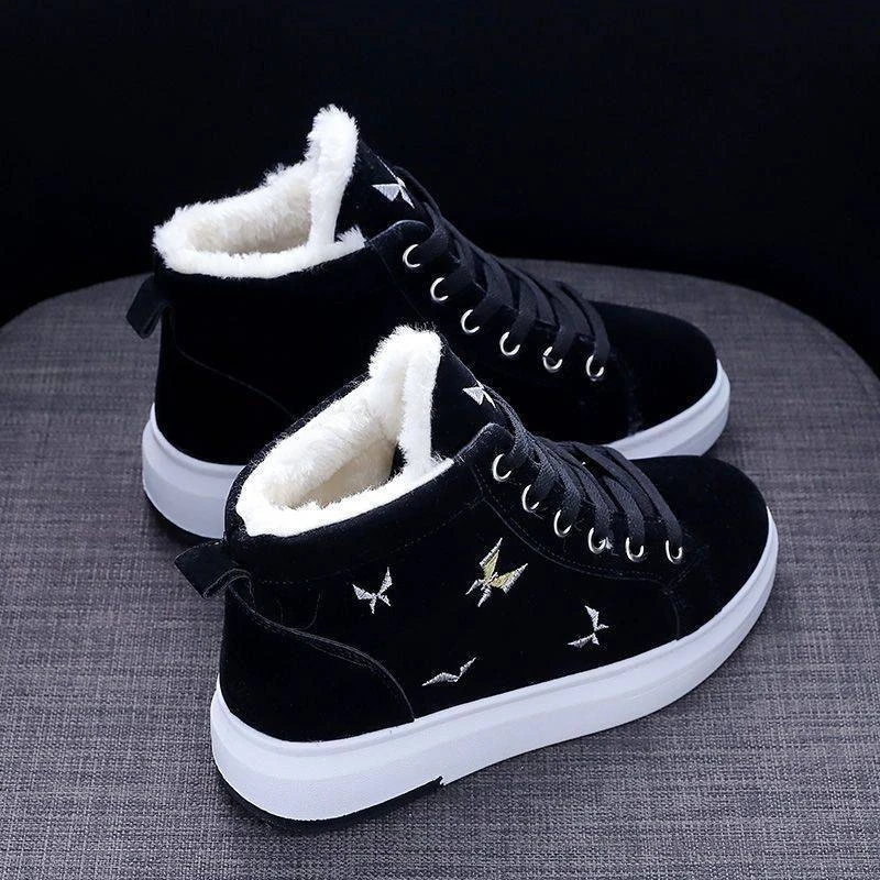 Trendy Women\'s Boots 2024 Winter New Solid Color Wedge Heel Warm Plush Sports Tie Short Tube Women\'s Vulcanized Zapatos Mujer