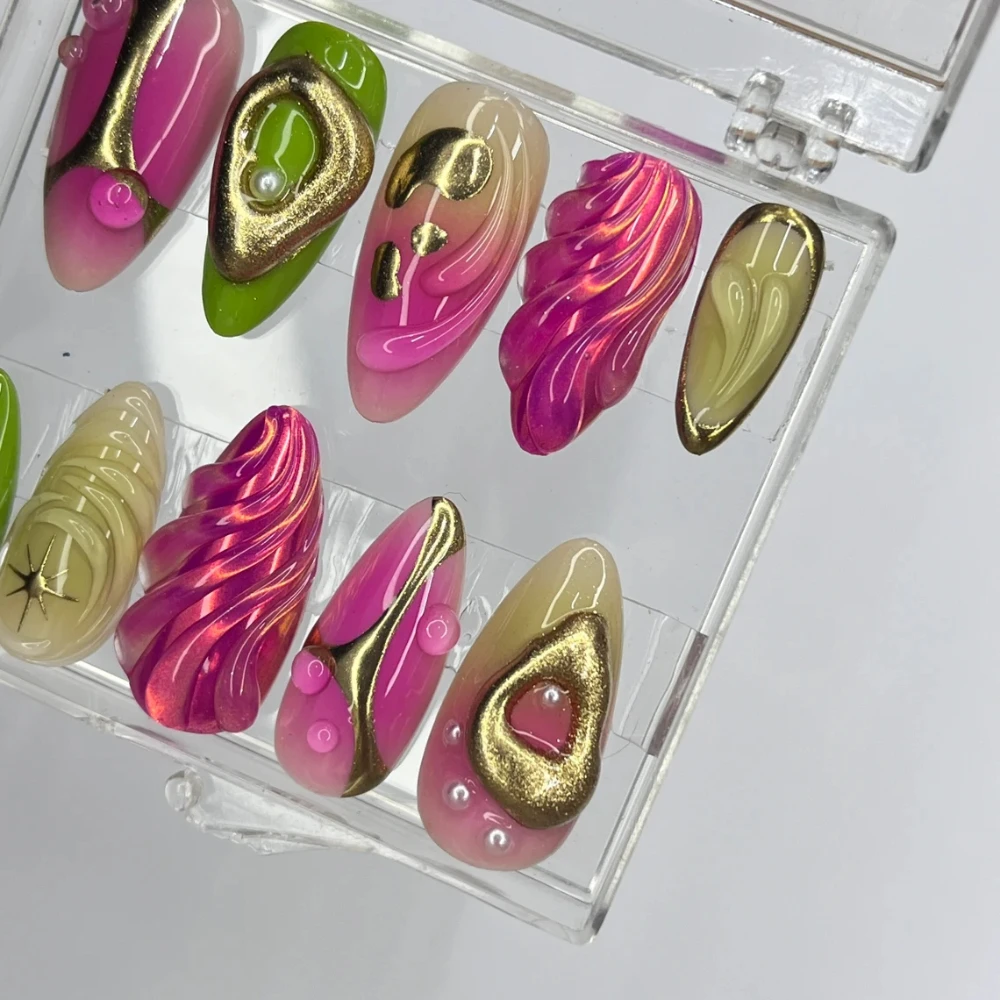 10Pcs Handmade Manicure Medium Almond Fake Nails New 3D Ballet Limited Nails Press On Nails Design with Adhesive Nail File Set