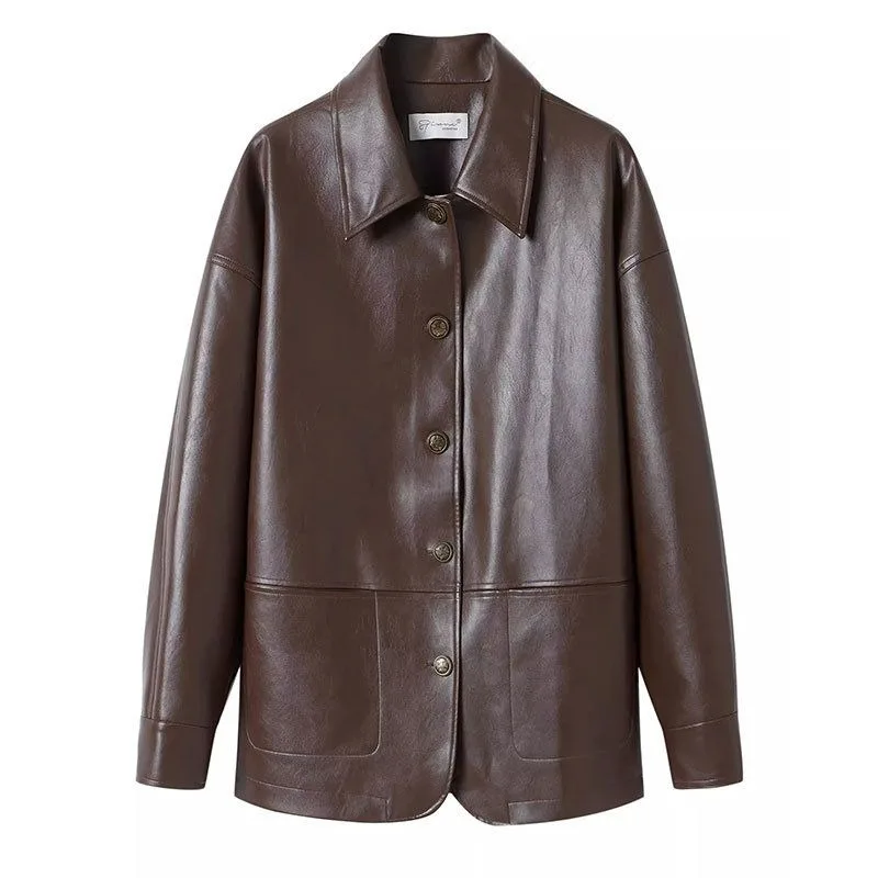 Xiaoxiangfeng-Manteau en Faux Cuir PU pour Femme, Pardessus Rétro à Manches sulf, Style Coréen, Slim, Printemps Automne 2024