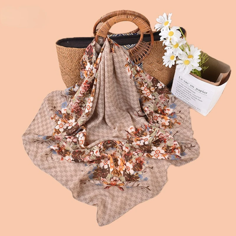 Luxury Flower Print Square Scarf Female Simulated Silk Thin Neck Scarf Fashion Sunscreen Headscarf For Women 90x90cm Bag Scarves