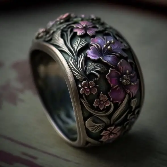 Retro relief floral aged copper ladies' ring, suitable as a fashionable accessory for ethnic party, casual or daily wear.