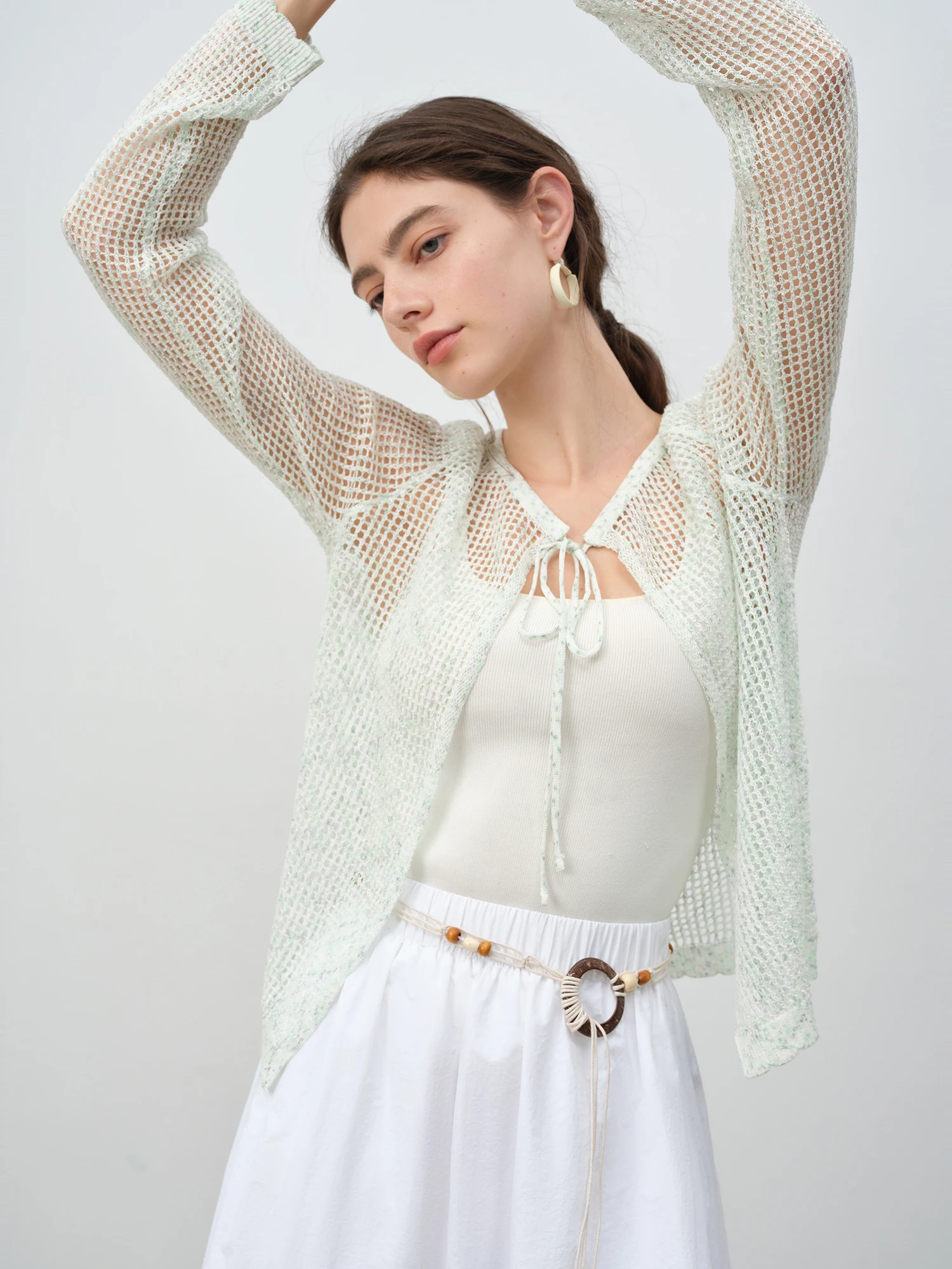 

ZIQIAO Petite Size Hollow Out Crochet Knitted Cardigan Women 2025 Spring and Summer New Light Green Outerwear Cardigan