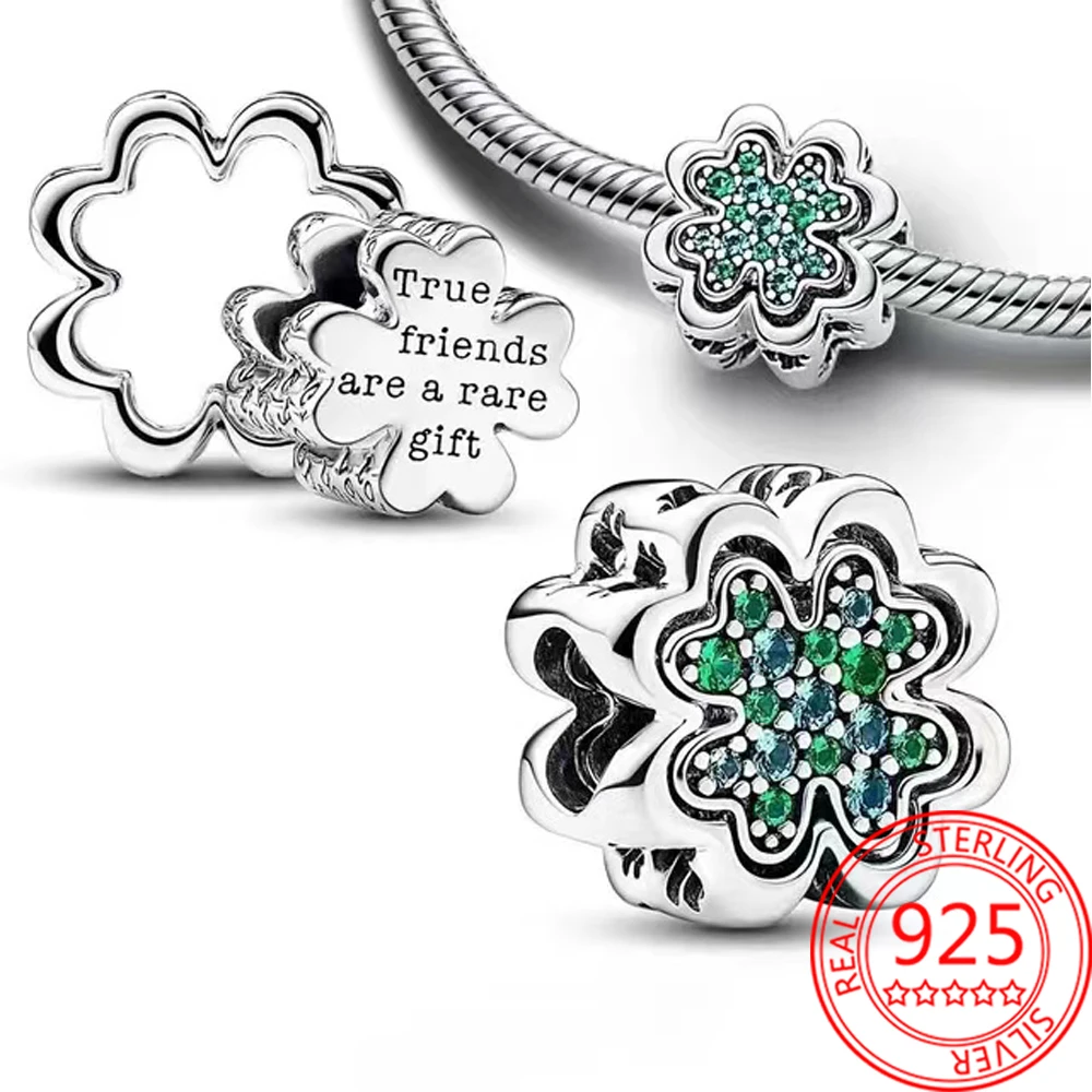 Green Series 925 Sterling Silver Four-leaf Clover Heart Shape Horseshoe Triple Dangle Charm Fit Bracelet Necklaces DIY Jewelry