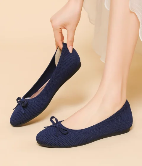 Maggie\'s Walker Women Woven Casual Shoes with Bows Knitted Round-toe Flats Spring Woven Breathable Shoes Plus Size 34-43