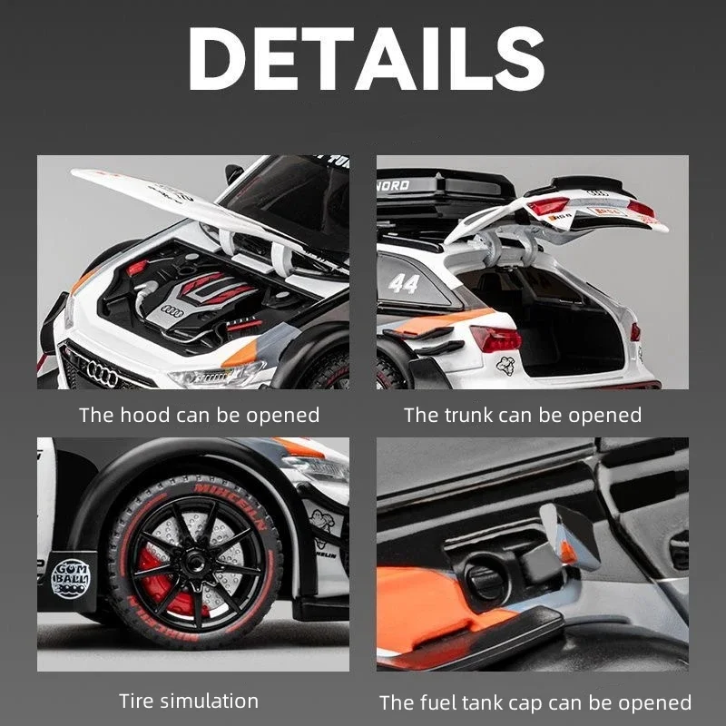 1:24 AODI RS6 AVANT DTM Legering Model Diecast Metal Racewagen Voertuigen Model Functie Simulatie Geluid Licht Speelgoed Auto Kids Gift