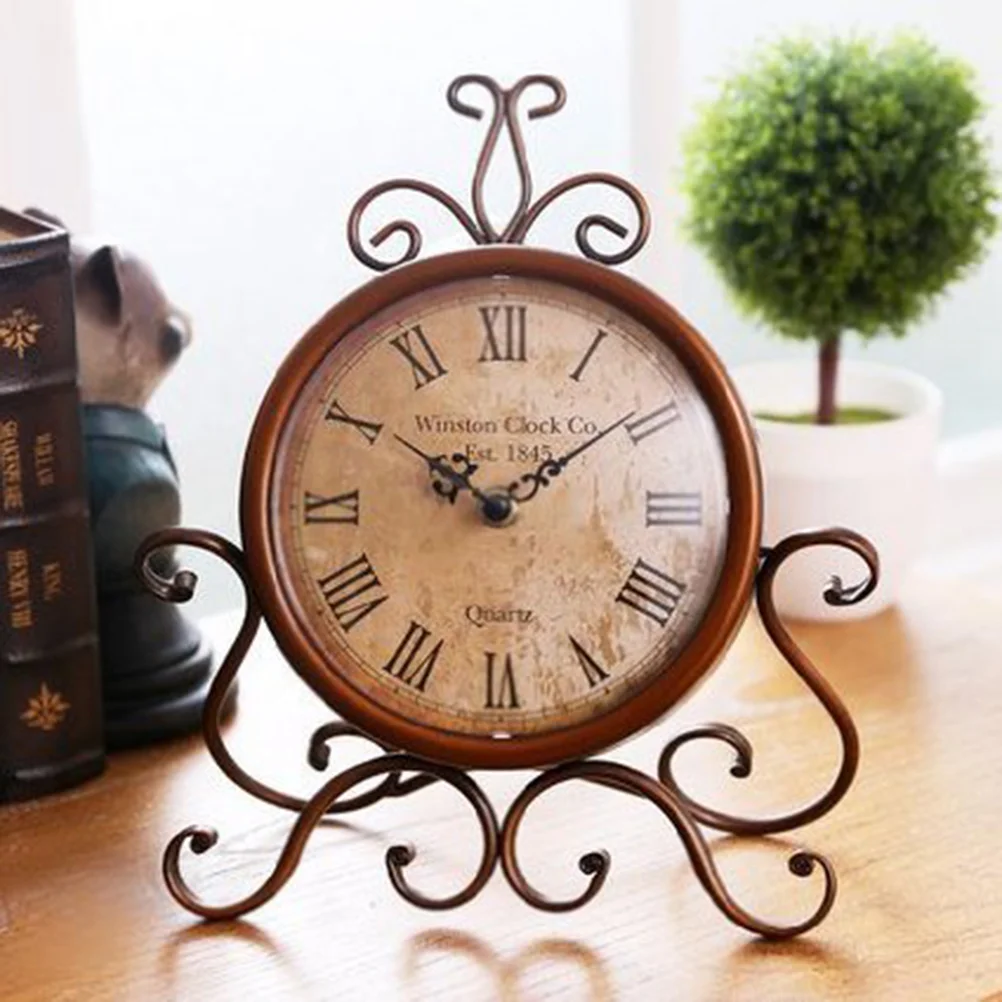 

European Style Retro Vintage Wrought Iron Craft Table Clock for Home Desk Cabinet Decoration (Brown)