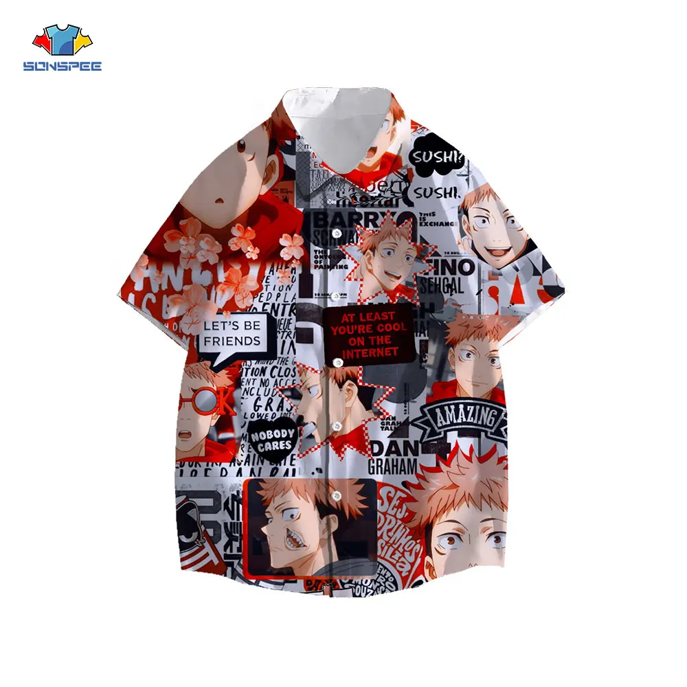 SONSPEE Anime Jujutsu Kaisen Hawaiian Shirt Harajuku Print Men Women Short Sleeve Streetwear Summer Hip Hop Beach Oversize Top