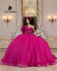 Hot Pink Strapless Quinceanera Dresses Beads Lace Applique Ball Gown With Gloves Mexican 2025 Birthday Luxury Dress Customized