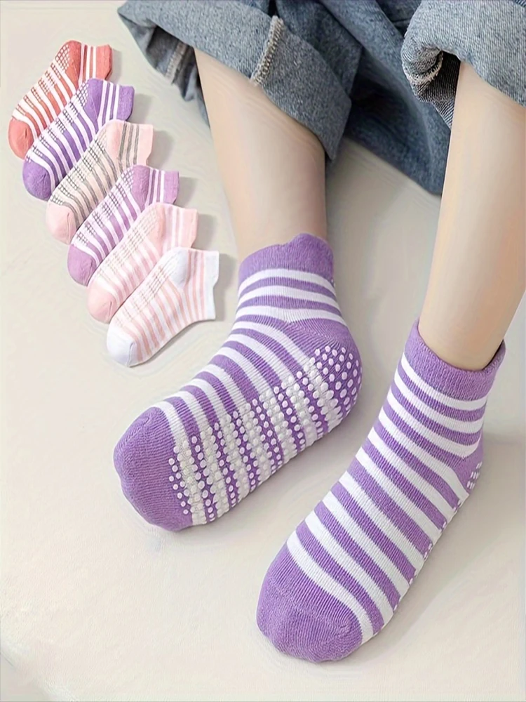 12 Pairs Girls' Baby Girls' Non-Slip Dispensing Small Ears Children's Solid Color Striped Color Matching Cotton Socks