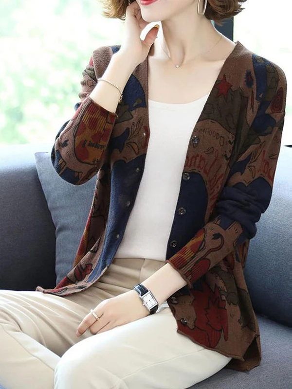 Spring Autumn New Print Knitted Open Cardigan Women's Retro Ethnic Loose plus Size Versatile Slimming Long Sleeve Jacket Top